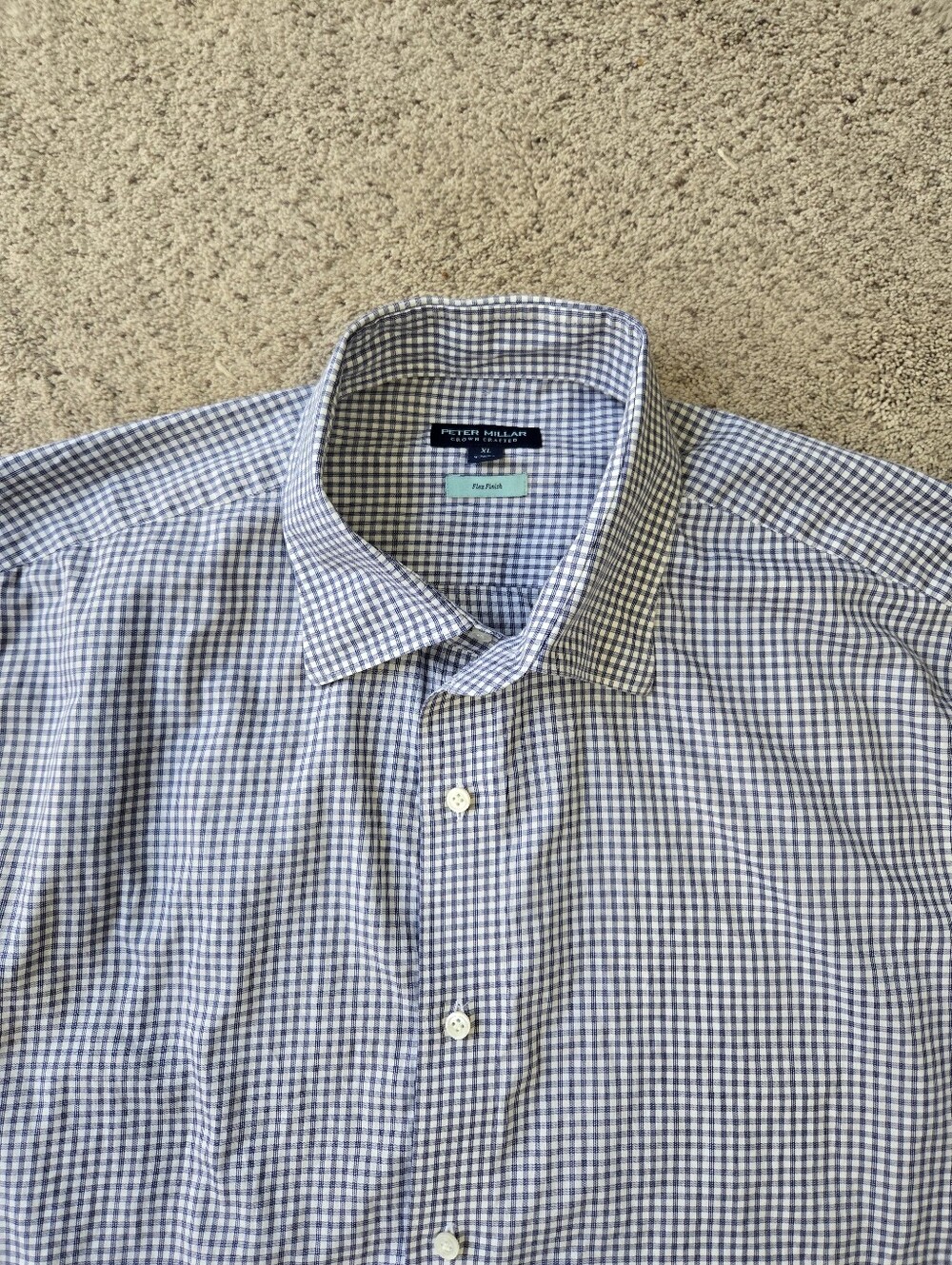 Peter Millar Men's Blue and White Checked Dress Shirt Crown Crafted Size XL